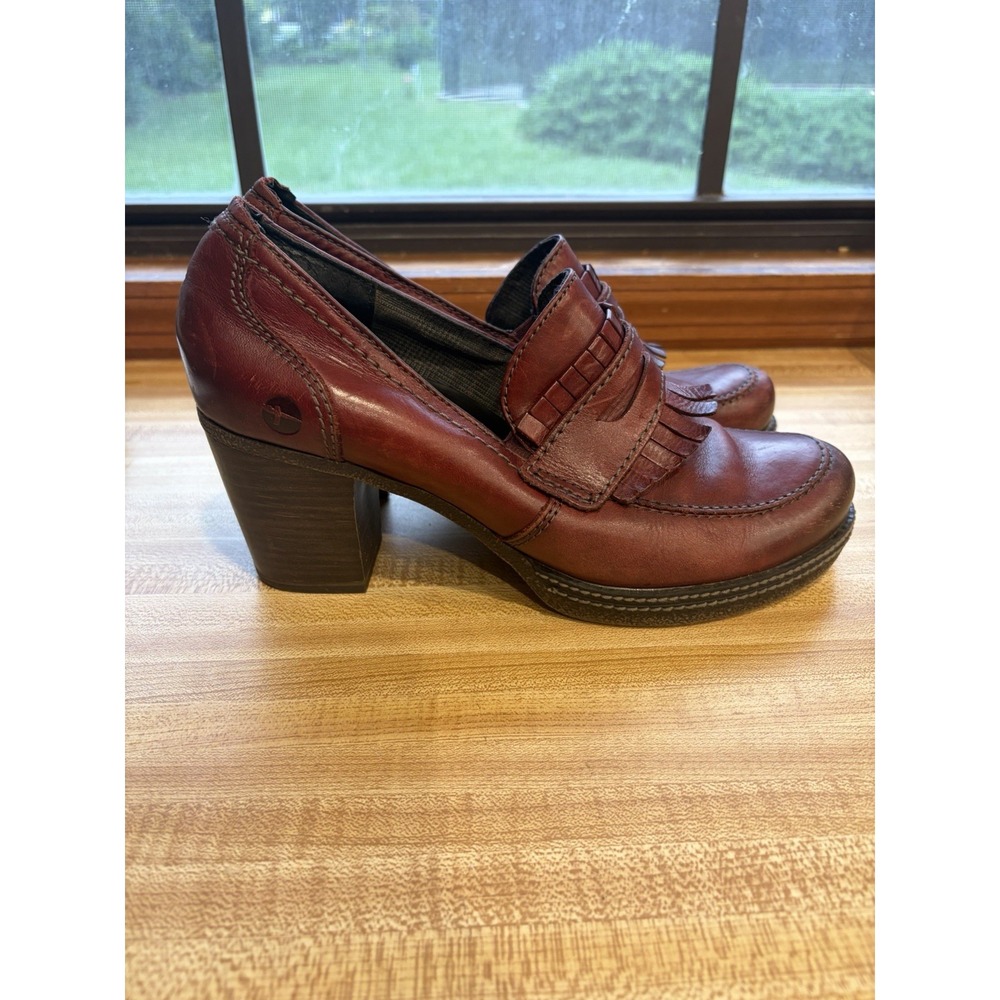 Tamaris Womens 38 Burgundy Leather Kiltie Penny Loafer Pumps Block Heel - Picture 5 of 12